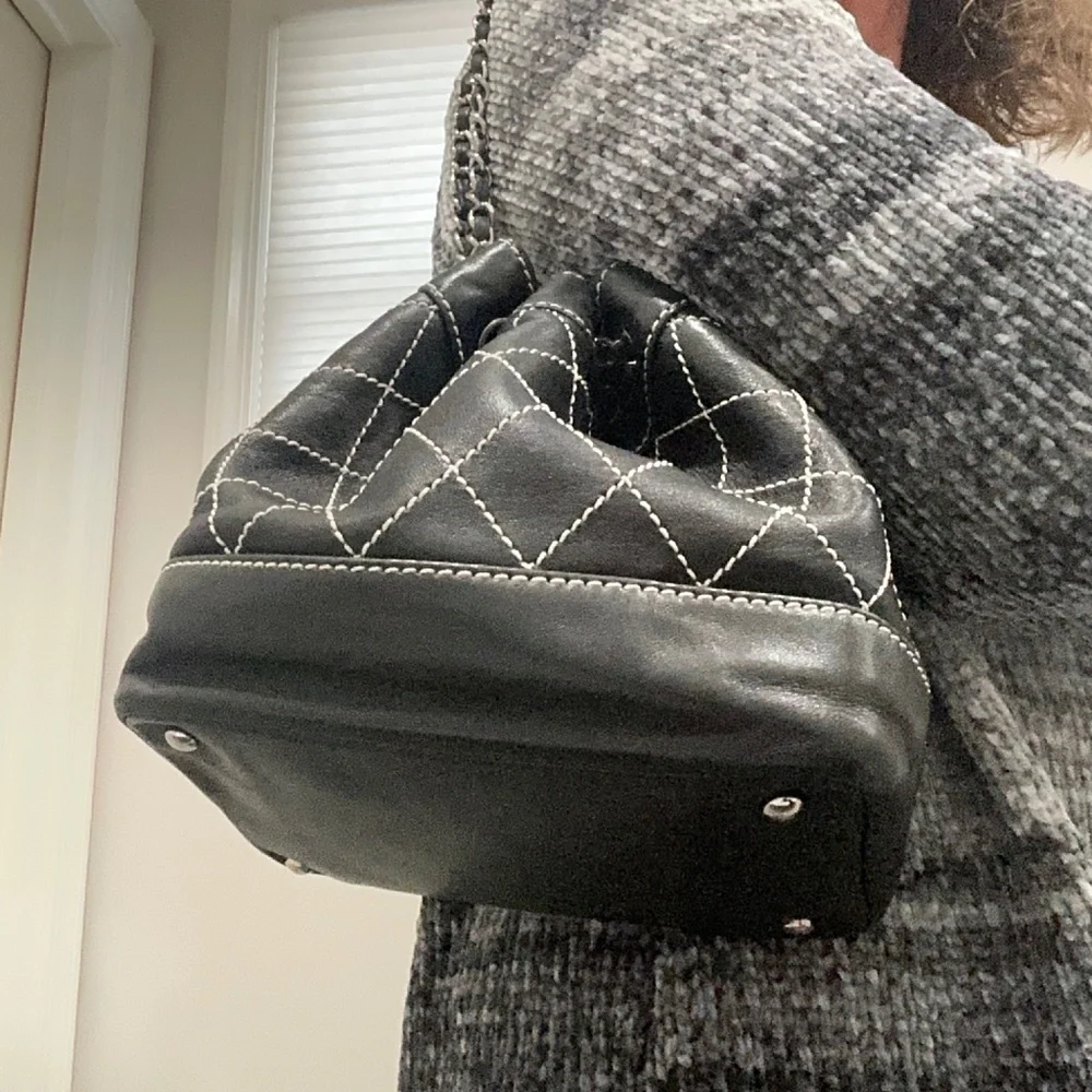 CHANEL Black  Quilted Leather Wild Stitch Bucket  Bag with Silver hardware